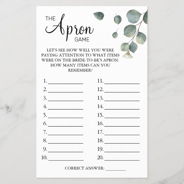 Eucalyptus The Apron Bridal shower game card (Front)