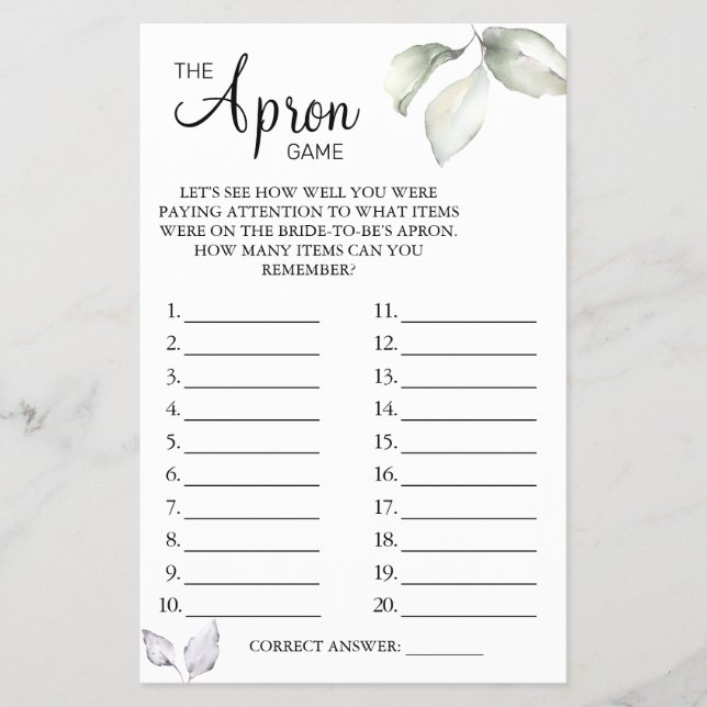 Eucalyptus The Apron Bridal shower game card (Front)