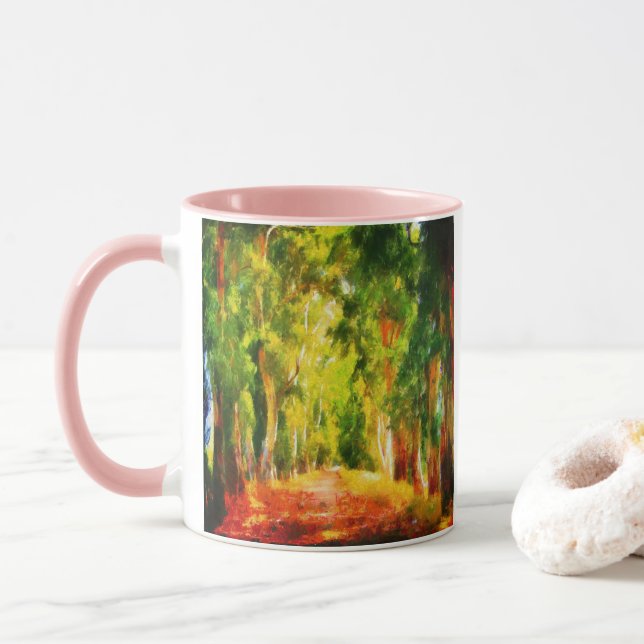 Eucalyptus Tree Lined Avenue Pointillism Art Mug (With Donut)