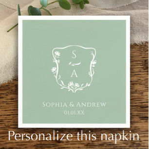 Eucalyptus Trendy Monogram Floral Crest Wedding Napkin