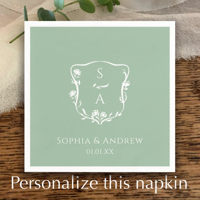 Eucalyptus Trendy Monogram Floral Crest Wedding Napkin (Add your initials for a unique couple’s monogram on a hand drawn floral crest on eucalyptus green.)