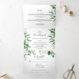  Eucalyptus vegetation  Green Leaf Wedding Tri-Fold Invitation