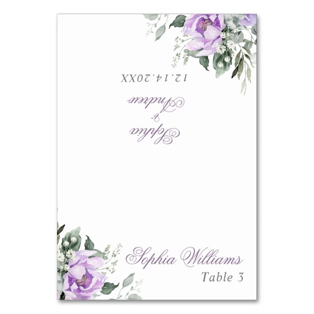 Eucalyptus Violet Flowers Wedding Table Card (Front)