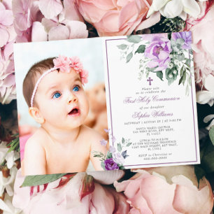 Eucalyptus Violet  Photo Girl First Holy Communion Invitation