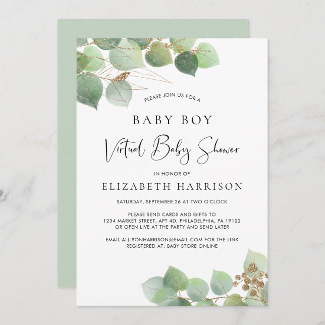 Eucalyptus Watercolor Baby  Boy Virtual Shower Invitation (Front/Back)