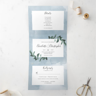 eucalyptus watercolor blue all in one wedding Tri-Fold invitation