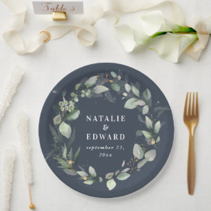 Eucalyptus watercolor botanical blue wedding paper plate
