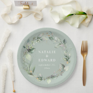 Eucalyptus watercolor botanical sage green wedding paper plate