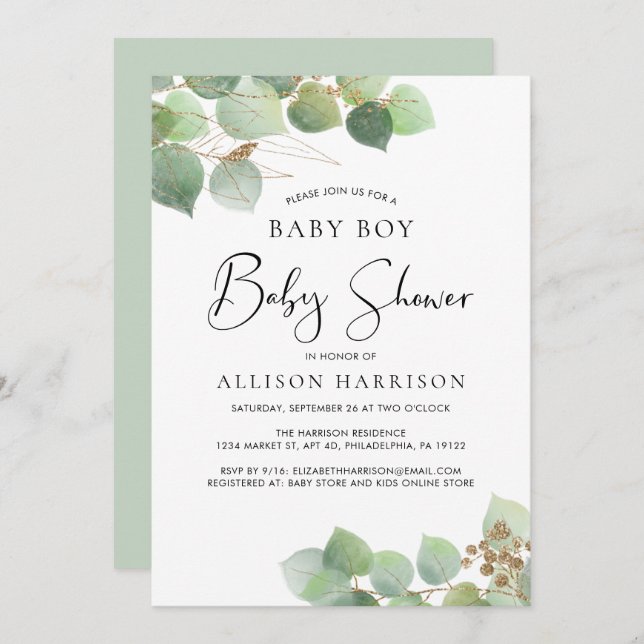 Eucalyptus Watercolor Boy Baby Shower Invitation (Front/Back)