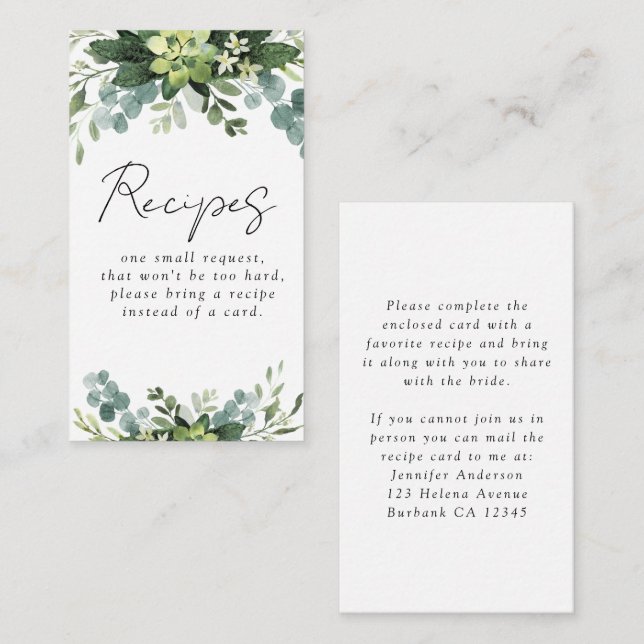 Eucalyptus Watercolor Bridal Shower Recipe Request Enclosure Card (Front/Back)