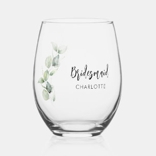 Eucalyptus Watercolor Bridesmaid Wedding Stemless Wine Glass