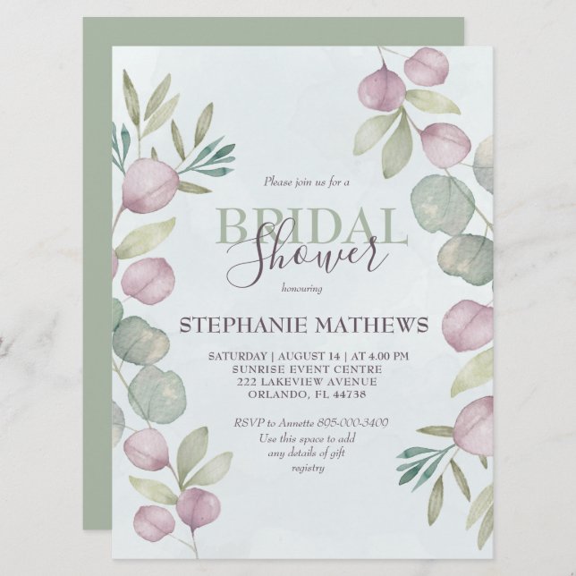 Eucalyptus Watercolor Dusty Blue Bridal Shower Invitation (Front/Back)
