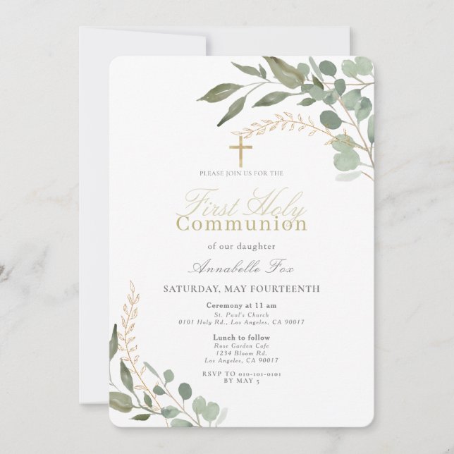 Eucalyptus Watercolor First Holy Communion Invitation (Front)