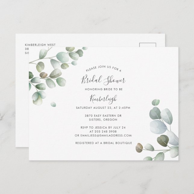 Eucalyptus Watercolor Foliage Bridal Shower Invitation Postcard (Front/Back)