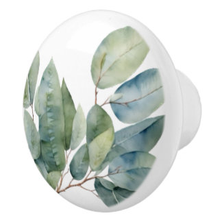 Eucalyptus watercolor greenery ceramic knob
