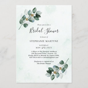 Eucalyptus Watercolor Leaves Bridal Shower Invitation