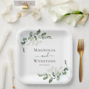 Eucalyptus Watercolor Monogram Paper Plate