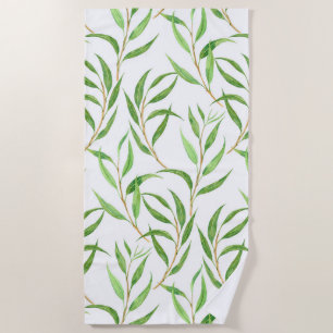 Eucalyptus watercolor pattern on white beach towel