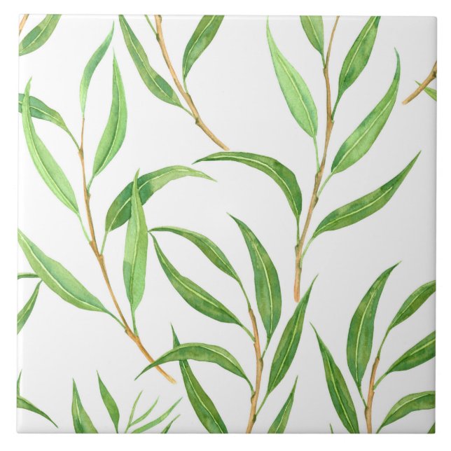 Eucalyptus watercolor pattern on white ceramic tile (Front)