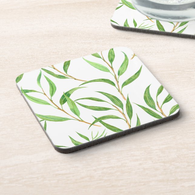 Eucalyptus watercolor pattern on white coaster (Left Side)