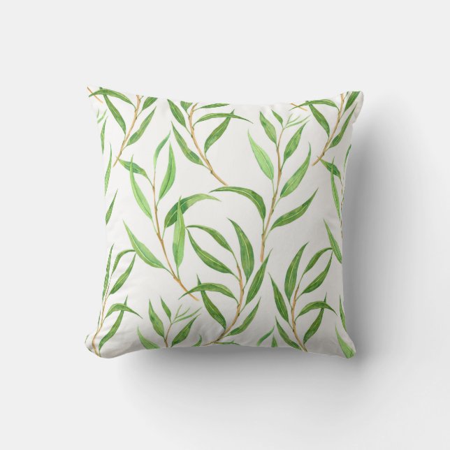 Eucalyptus watercolor pattern on white cushion (Front)