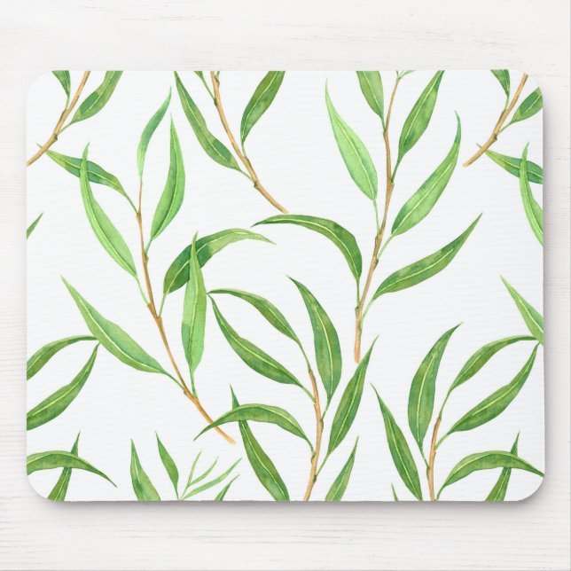 Eucalyptus watercolor pattern on white mouse pad (Front)