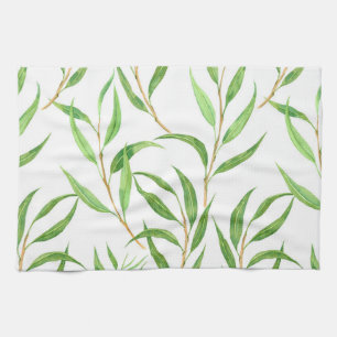 Eucalyptus watercolor pattern on white tea towel