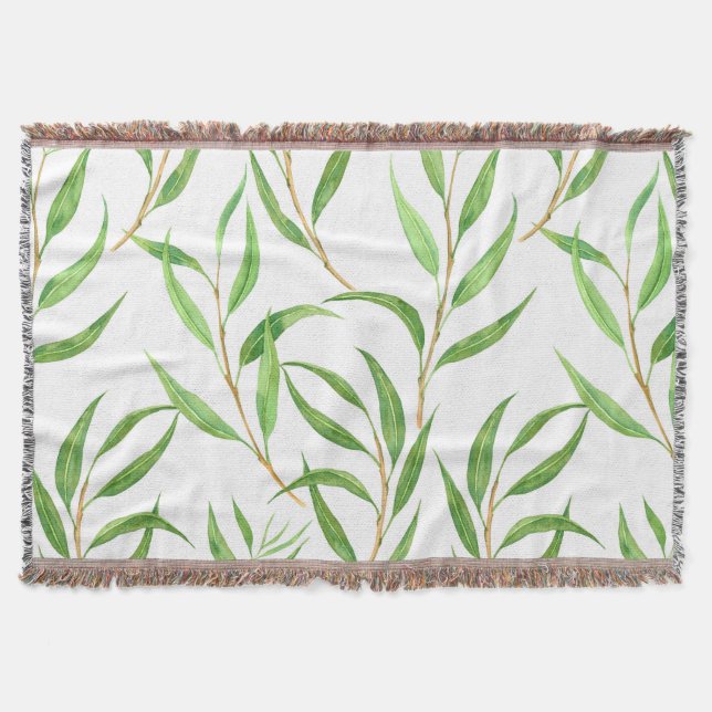 Eucalyptus watercolor pattern on white throw blanket (Front)