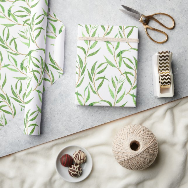 Eucalyptus watercolor pattern on white wrapping pa paper (Crafts)