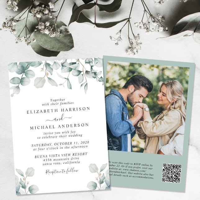 Eucalyptus Watercolor Photo QR Code Wedding Invitation (An elegant wedding invitation to set the tone for an unforgettable event)