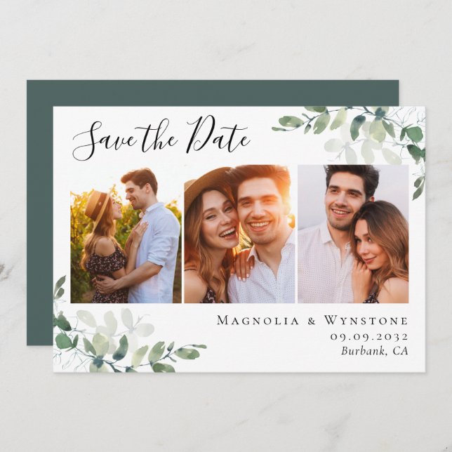 Eucalyptus Watercolor Photo Wedding  Save The Date (Front/Back)
