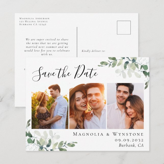 Eucalyptus Watercolor Photo Wedding Save the Date Announcement Postcard (Front/Back)