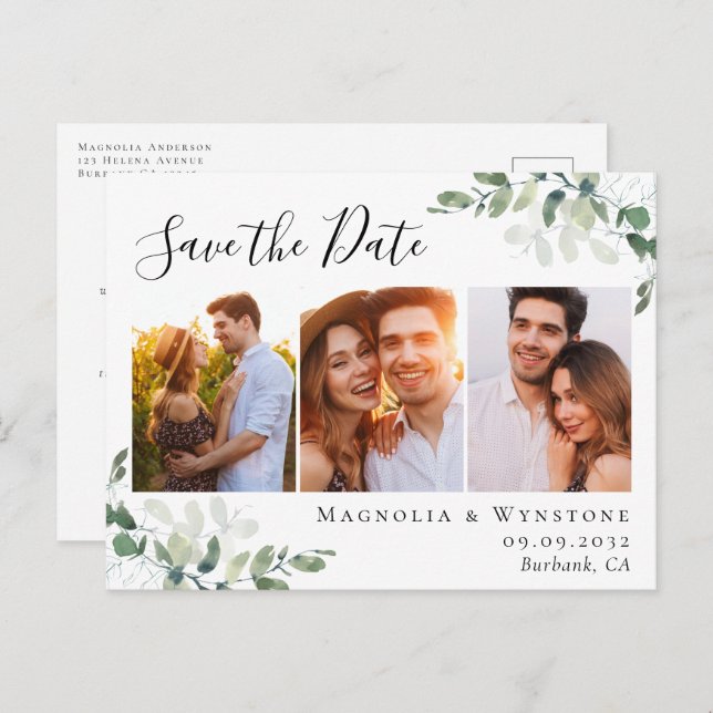 Eucalyptus Watercolor Photo Wedding Save the Date  Postcard (Front/Back)
