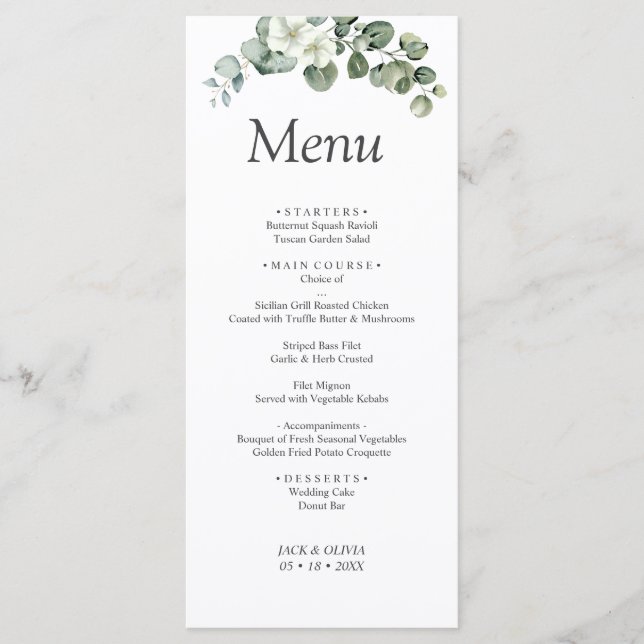Eucalyptus watercolor Rustic Greenery Wedding Menu (Front)