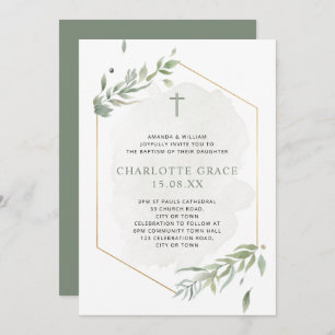 Eucalyptus Watercolor Sage Green & Gold Baptism In Invitation