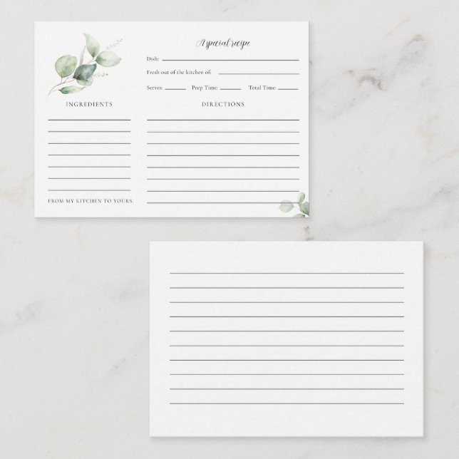 Eucalyptus Watercolor Script Bridal Shower Recipe Enclosure Card (Front/Back)