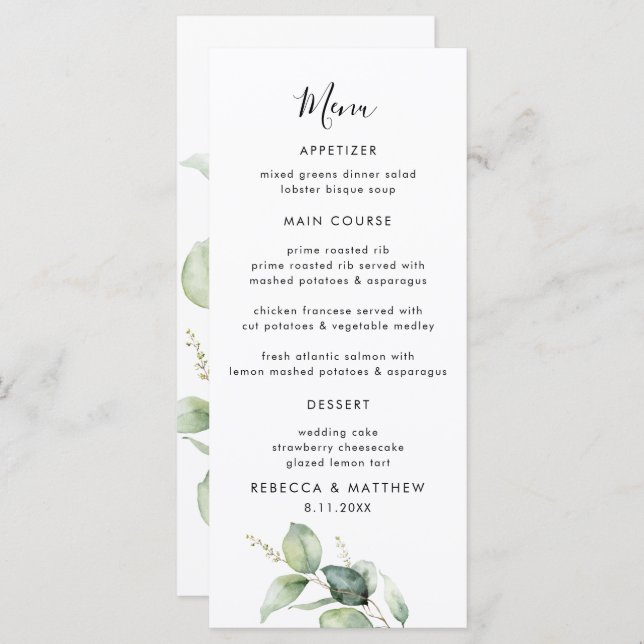 Eucalyptus Watercolor Script Wedding Dinner Menu (Front/Back)