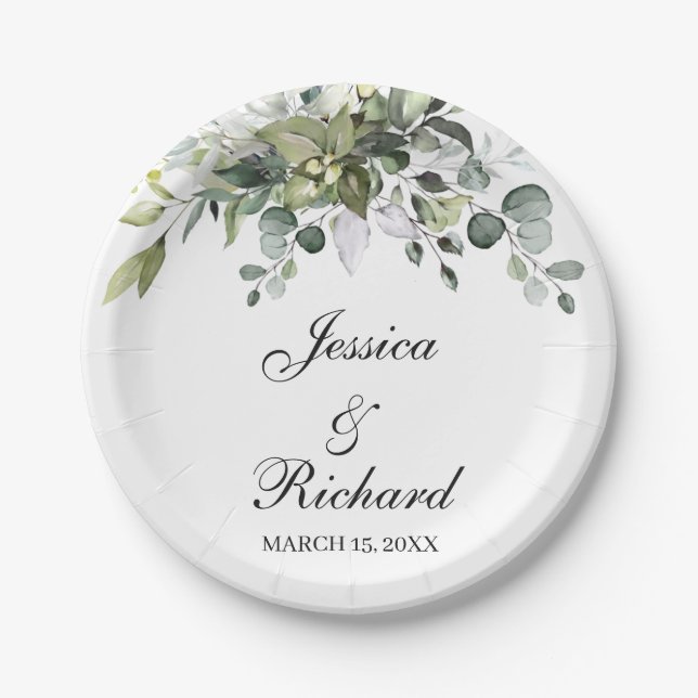 Eucalyptus Watercolor Wedding Paper Plates (Front)