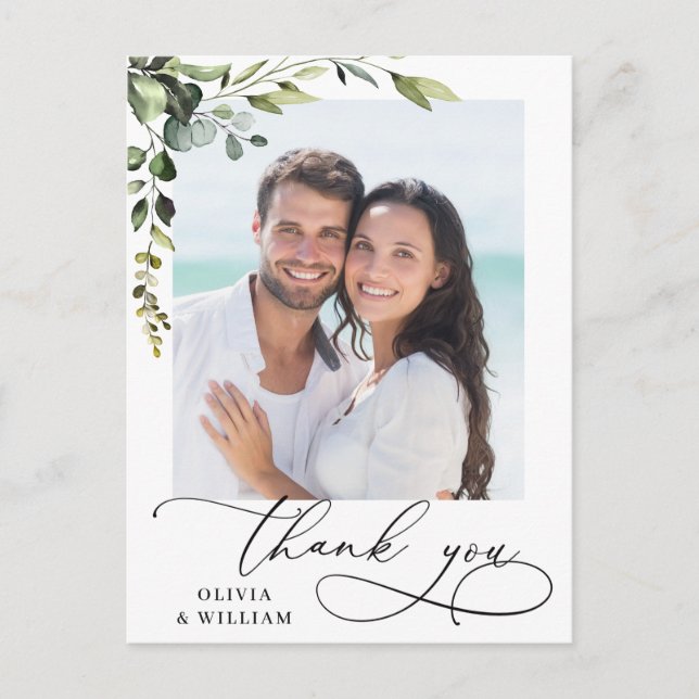 Eucalyptus Watercolor Wedding Photo Thank You Postcard (Front)
