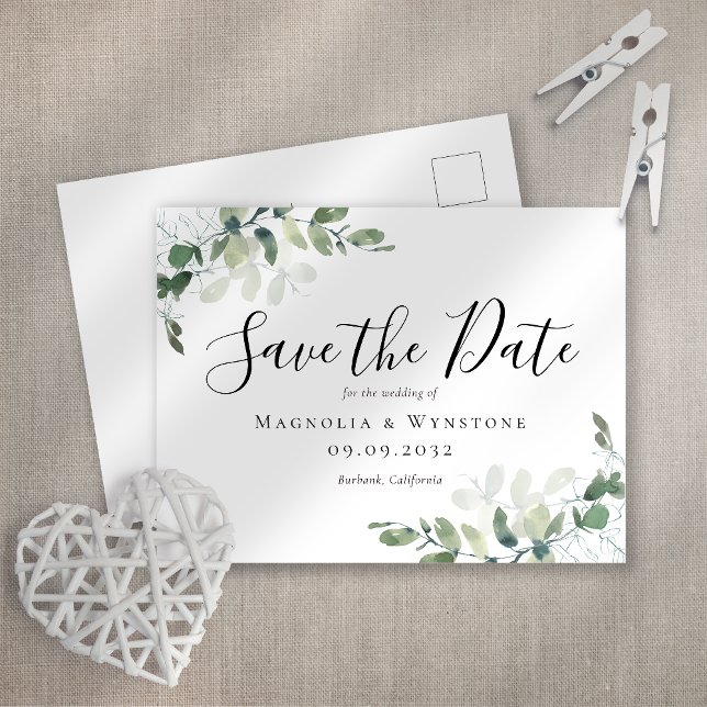 Eucalyptus Watercolor Wedding Save The Date Postcard (Creator Uploaded)
