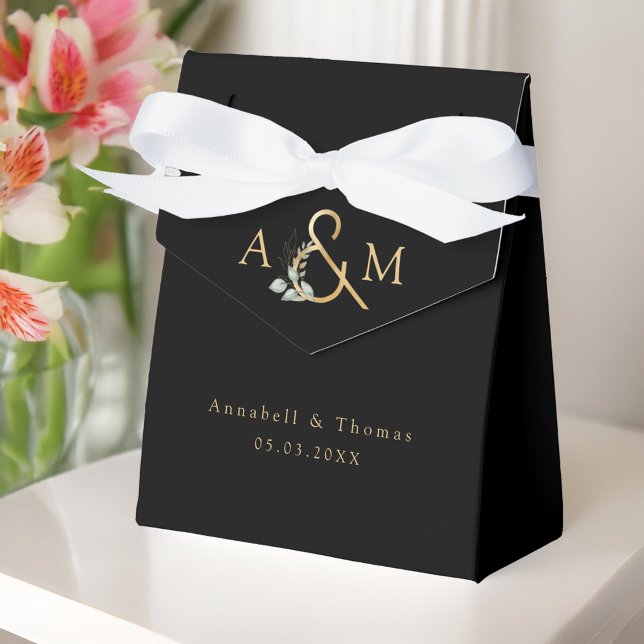 Eucalyptus Wedding Box Geschenkschachtel (Eucalyptus Wedding Favor Box. Black Gold with your monogram, name and date)