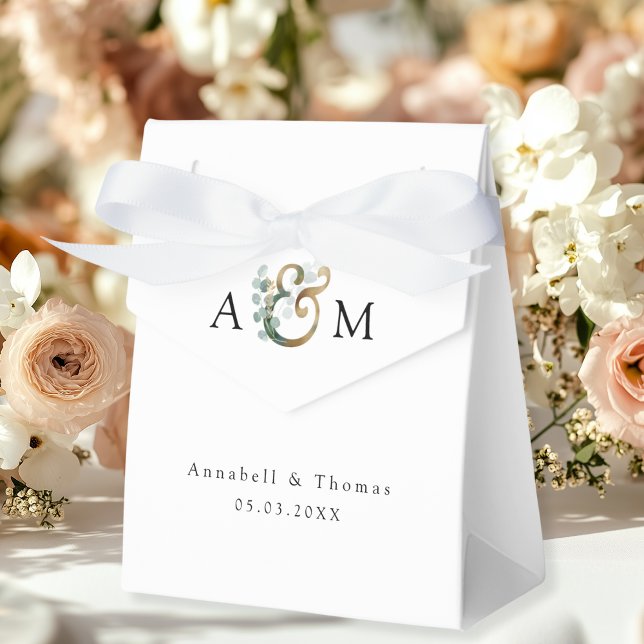 Eucalyptus Wedding Box Geschenkschachtel (Eucalyptus Wedding Favor Box, Monogram, Ampersand, Botanical, white, beige-gold, green, modern.)