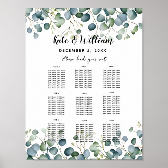 Eucalyptus wedding floral Table plan wedding party Poster (Front)
