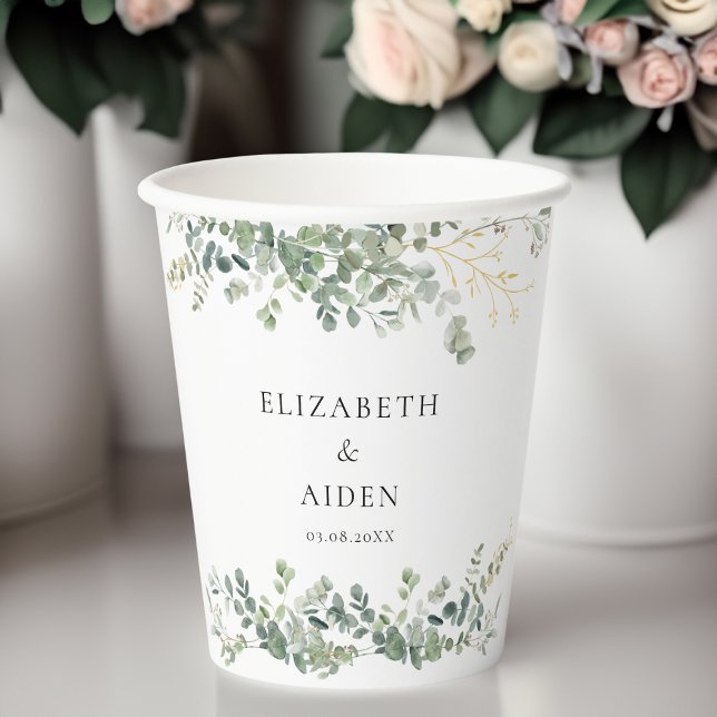 Eucalyptus Wedding Handwriting Script Wedding  Paper Cups (Eucalyptus Wedding Handwriting Script Wedding Paper Cups with your names and date.)