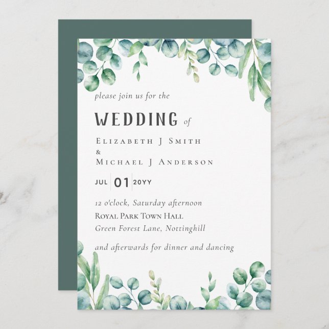 Eucalyptus Wedding Invitation Budget Greenery Leaf (Front/Back)