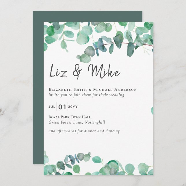 Eucalyptus Wedding Invitation Budget Greenery Leaf (Front/Back)