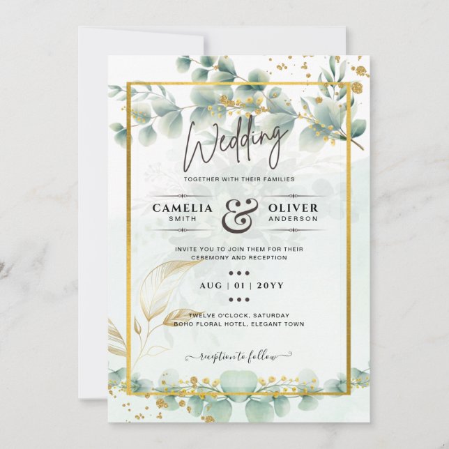 Eucalyptus Wedding Invitation Modern Greenery Gold (Front)
