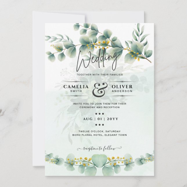 Eucalyptus Wedding Invitation Modern Greenery Gold (Front)