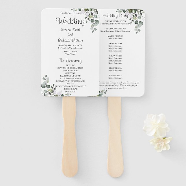 Eucalyptus Wedding Program Hand Fan (Front and Back)