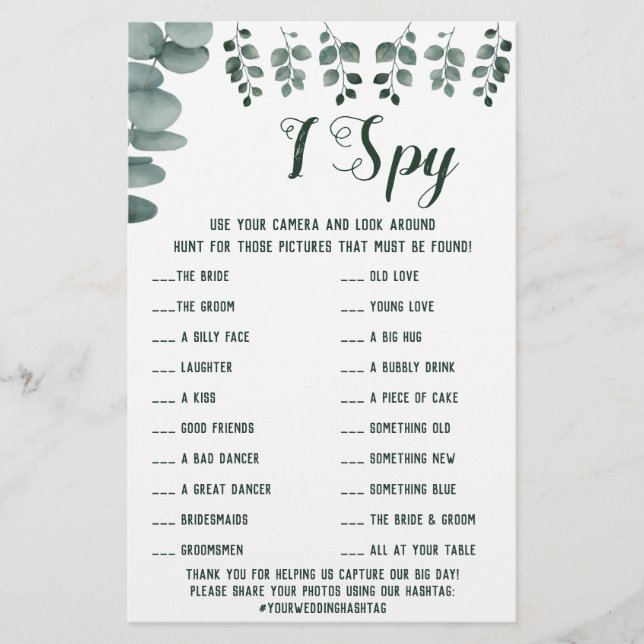 Eucalyptus Wedding Reception I Spy Game Card (Front)